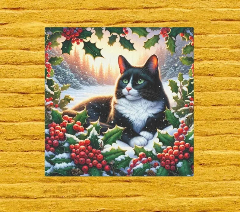 December Birthday Holly Flower Cat Lover - Wall Art Decor - Great Birthday Gift - 8x8 Canvas Tile Print   