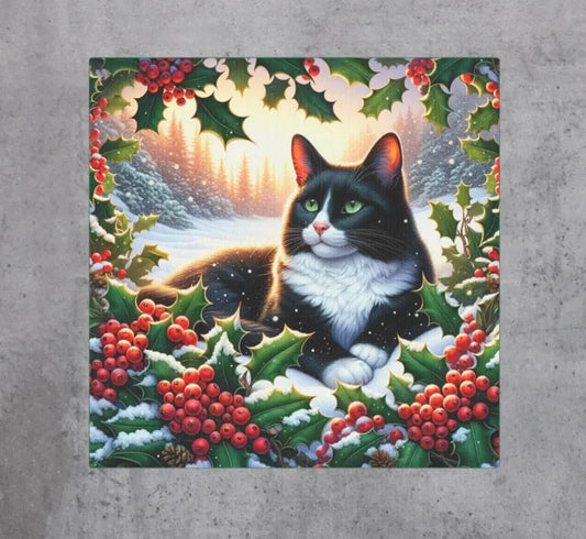 December Birthday Holly Flower Cat Lover - Wall Art Decor - Great Birthday Gift - 8x8 Canvas Tile Print   