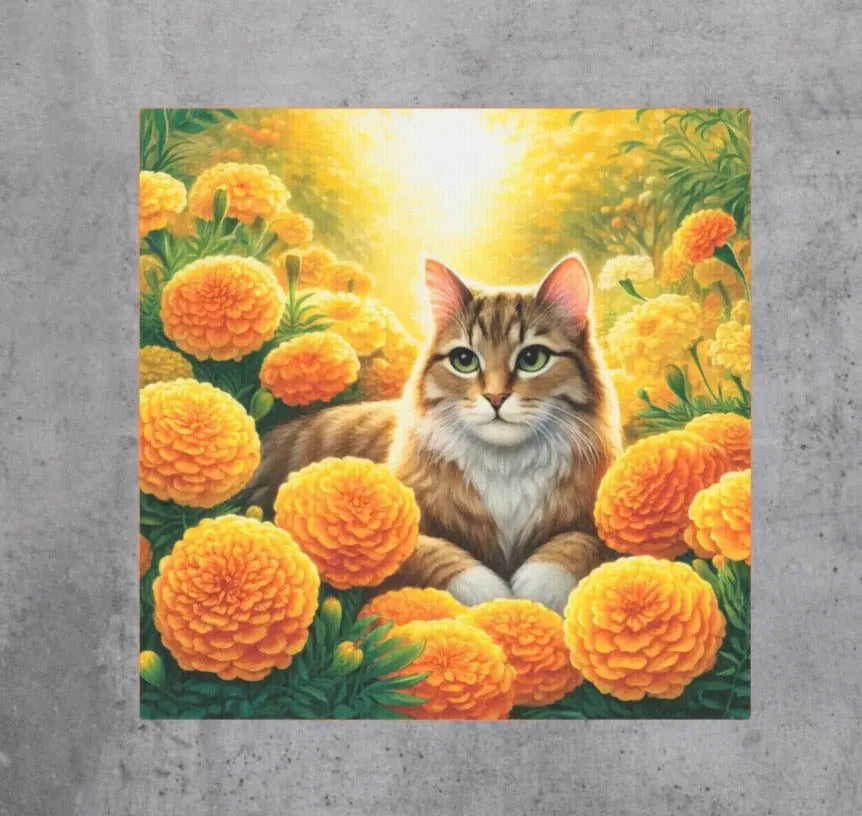 October Birthday Marigold Cat Lover Wall Art Decor - Great Birthday Gift - 8x8 Canvas Tile Print   