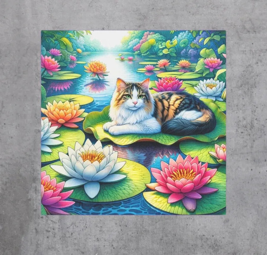 July Birthday Water Lilly Cat Lover Wall Art Decor - Great Birthday Gift - 8 x 8 Canvas Tile Print - Montecore PawPrints