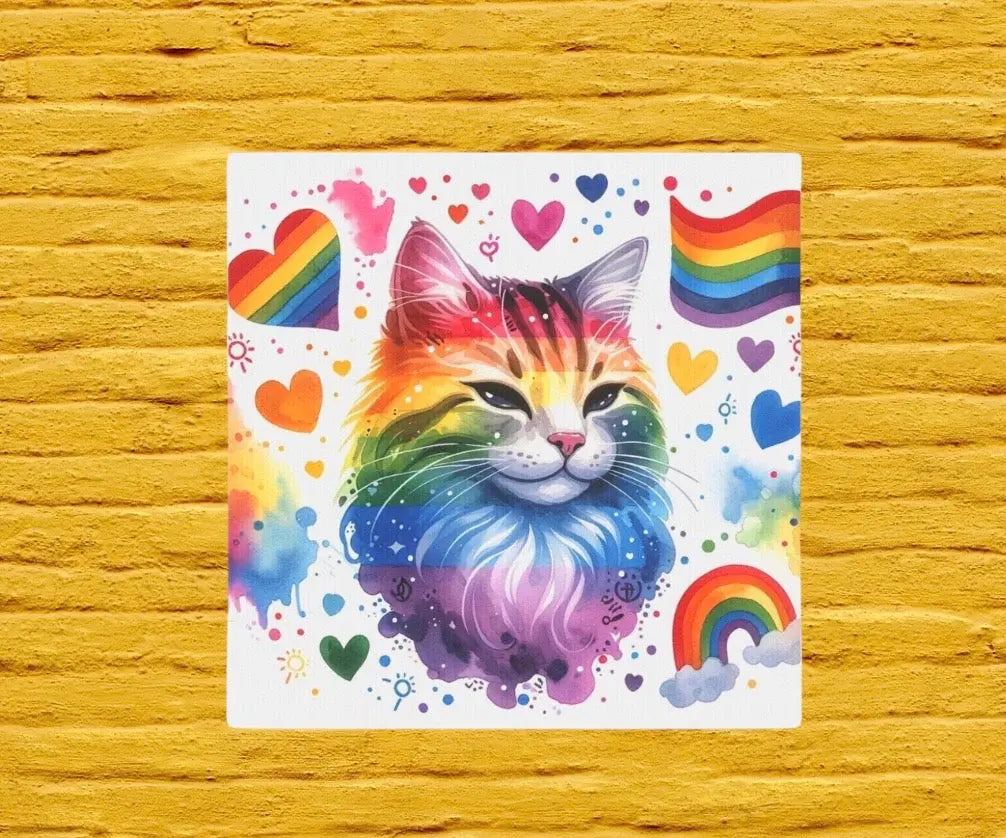 Rainbows and Cats - Water Paint- Cat Lover - Wall Art Decor  - 8x8 Canvas Tile Print - Montecore PawPrints