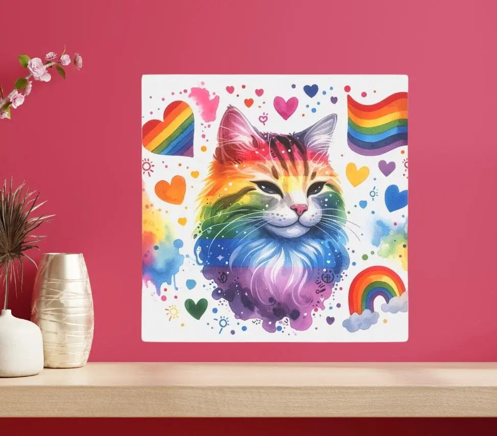 Rainbows and Cats - Water Paint- Cat Lover - Wall Art Decor  - 8x8 Canvas Tile Print - Montecore PawPrints