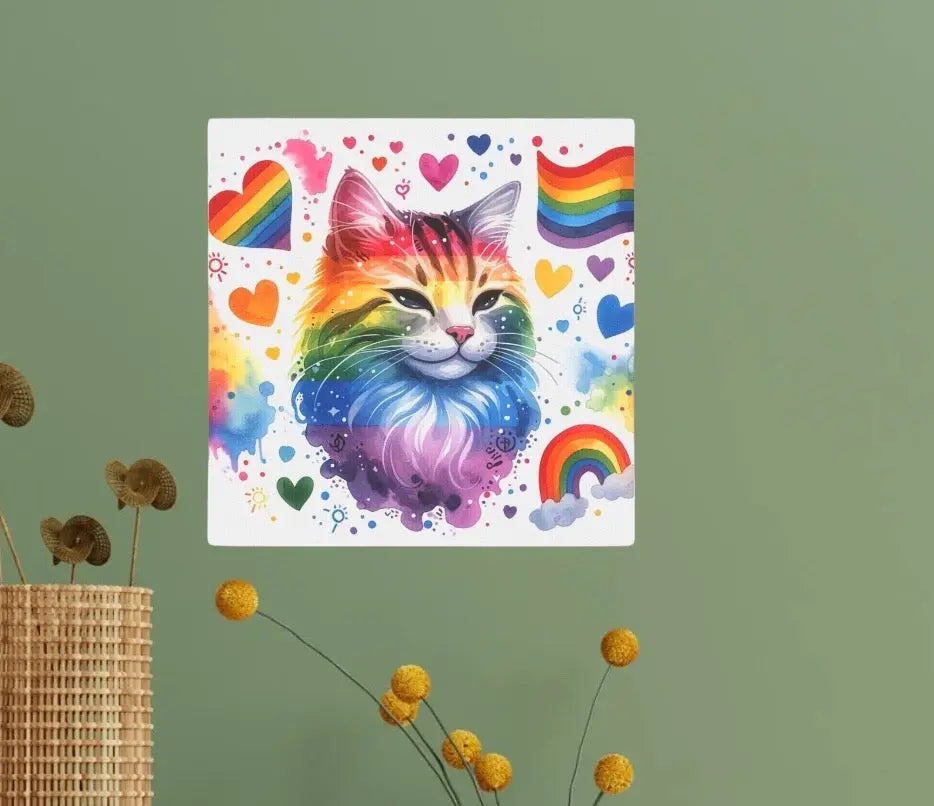 Rainbows and Cats - Water Paint- Cat Lover - Wall Art Decor  - 8x8 Canvas Tile Print - Montecore PawPrints