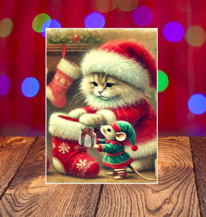 Stocking Stuffer - Cat Lover - Pack of 10 - Christmas Blank Greeting Cards   