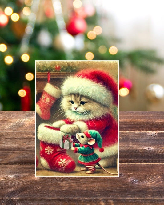 Stocking Stuffer - Cat Lover - Pack of 10 - Christmas Blank Greeting Cards   