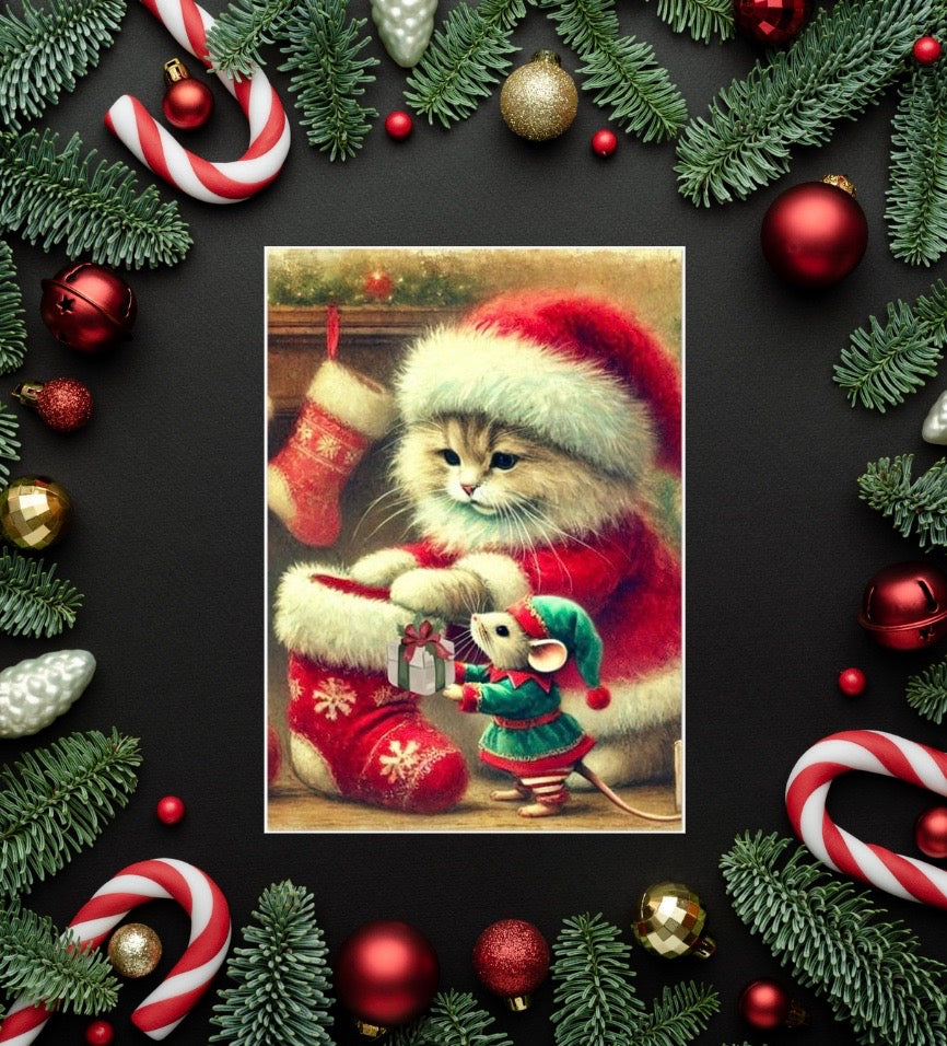 Stocking Stuffer - Cat Lover - Pack of 10 - Christmas Blank Greeting Cards   