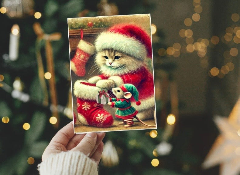 Stocking Stuffer - Cat Lover - Pack of 10 - Christmas Blank Greeting Cards   