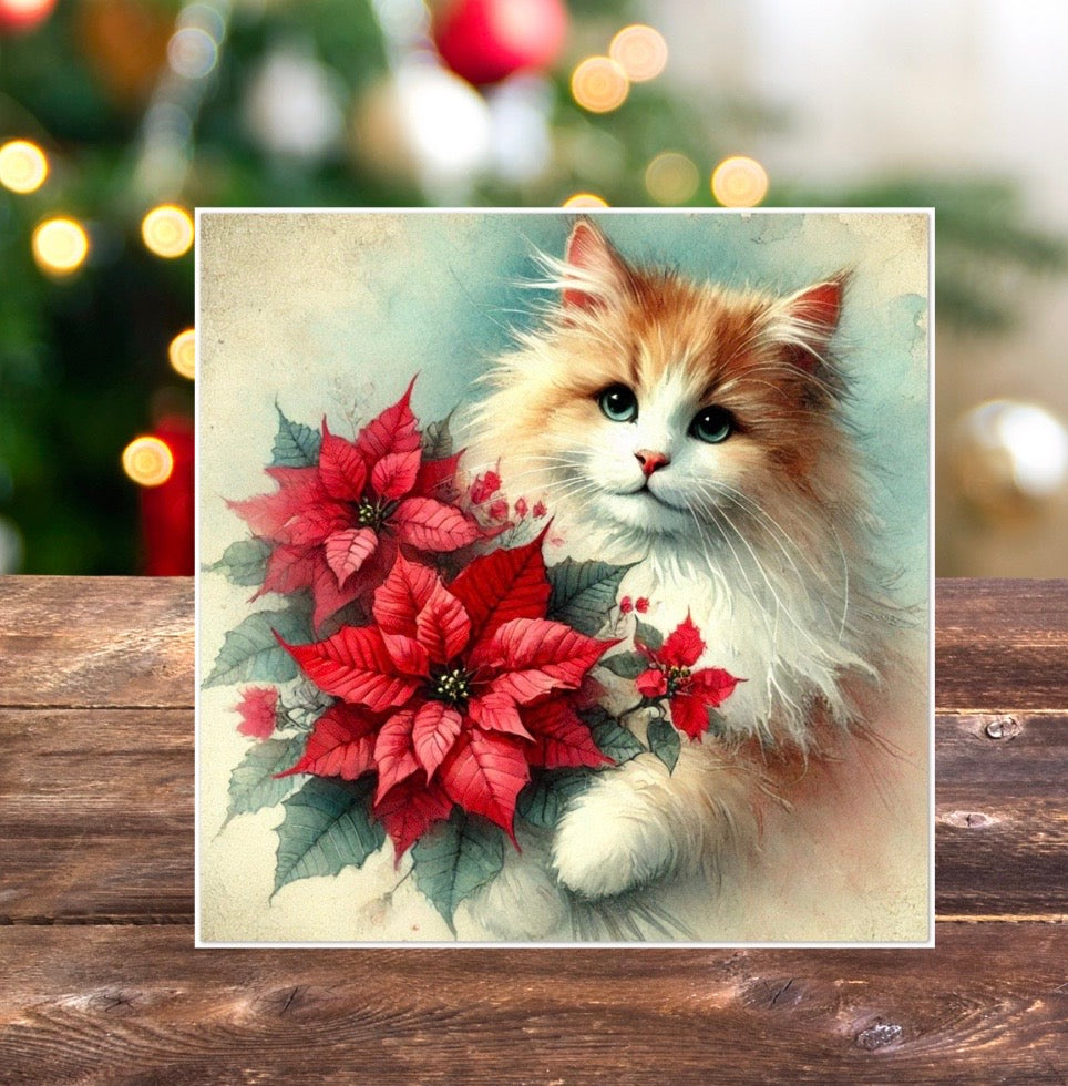 Poinsettia Bouquet - Cat Lover - Pack of 10 Blank Greeting Cards   