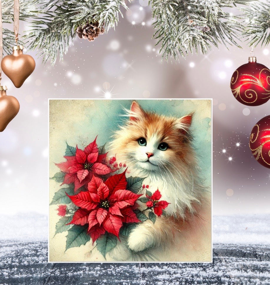 Poinsettia Bouquet - Cat Lover - Pack of 10 Blank Greeting Cards   