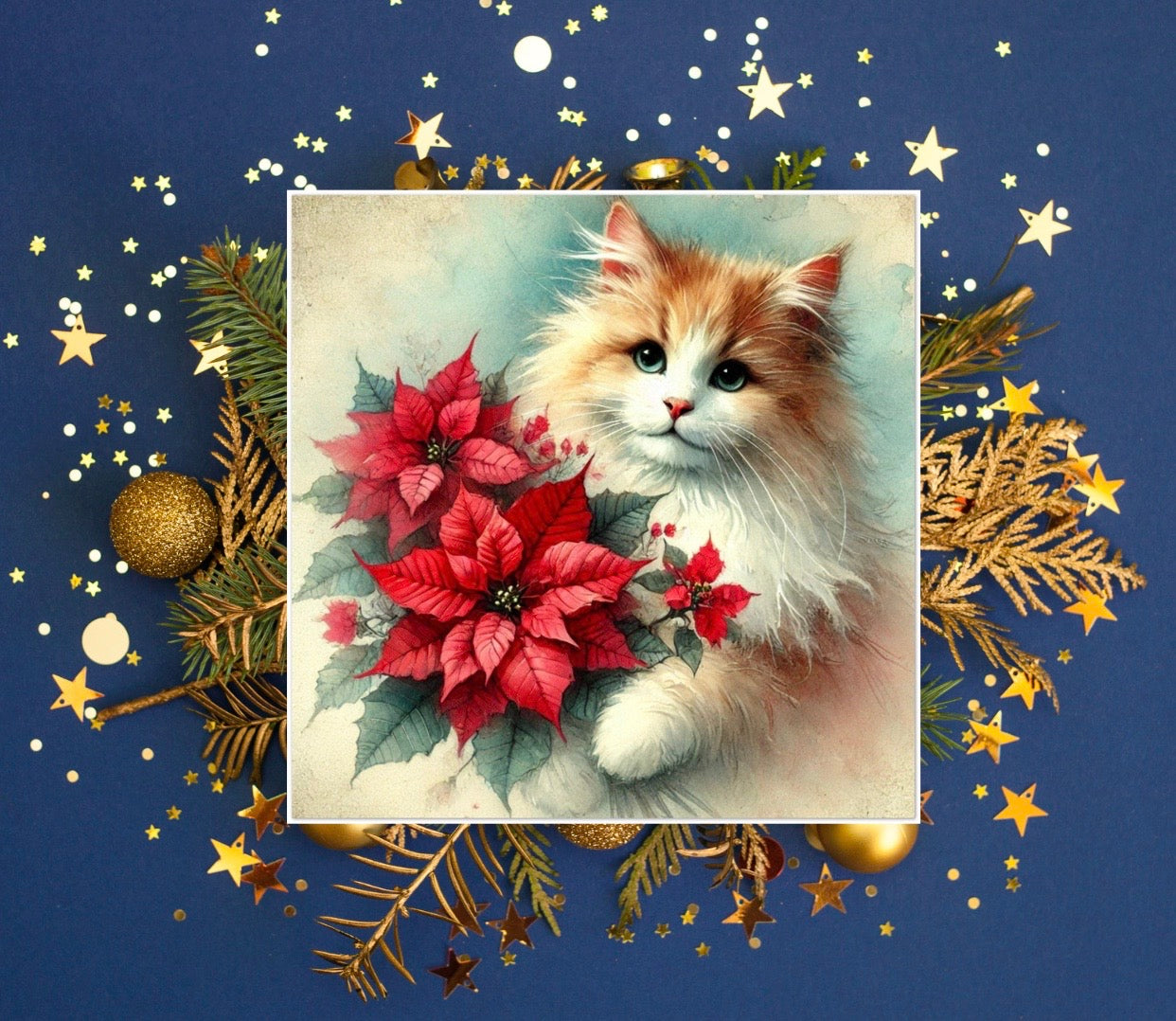 Poinsettia Bouquet - Cat Lover - Pack of 10 Blank Greeting Cards   