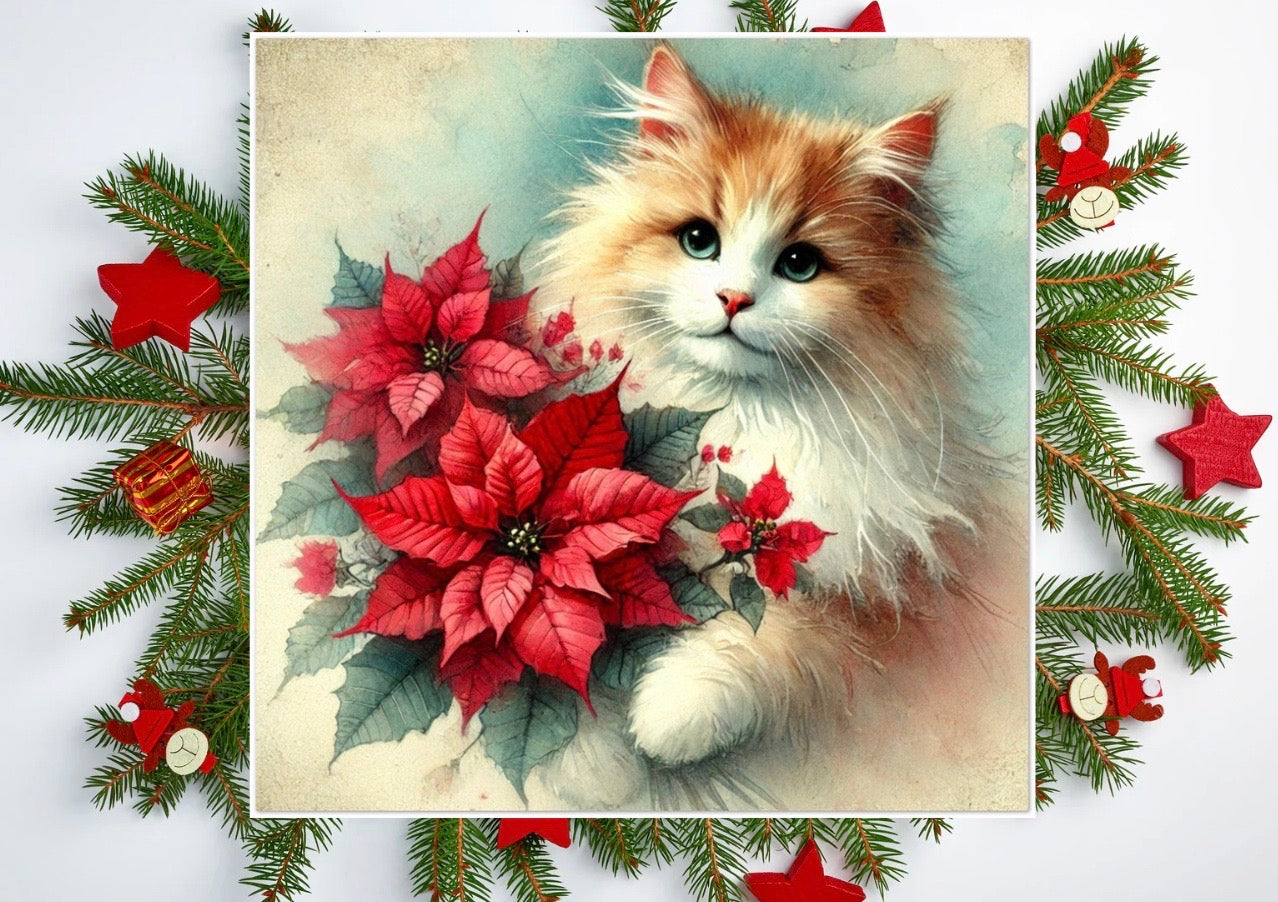 Poinsettia Bouquet - Cat Lover - Pack of 10 Blank Greeting Cards   