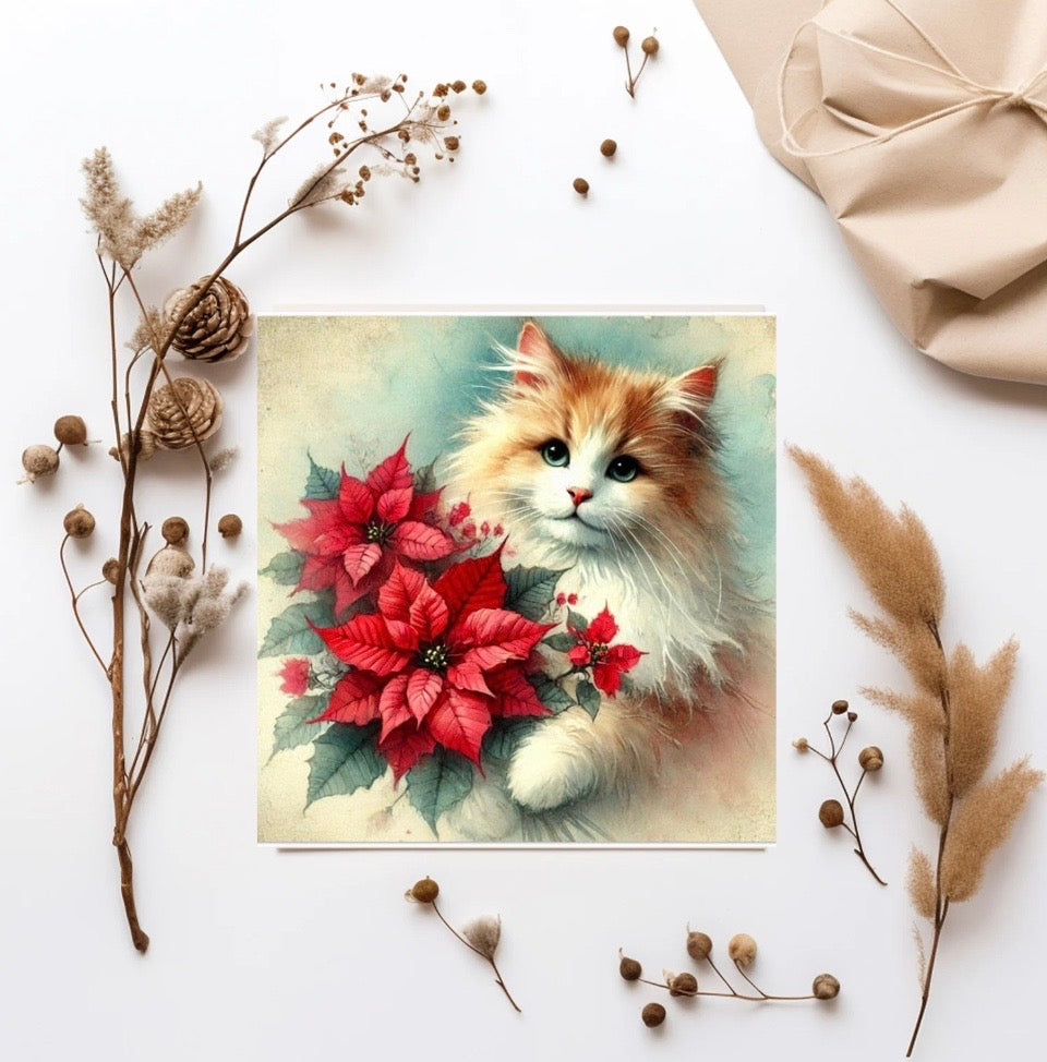 Poinsettia Bouquet - Cat Lover - Pack of 10 Blank Greeting Cards   