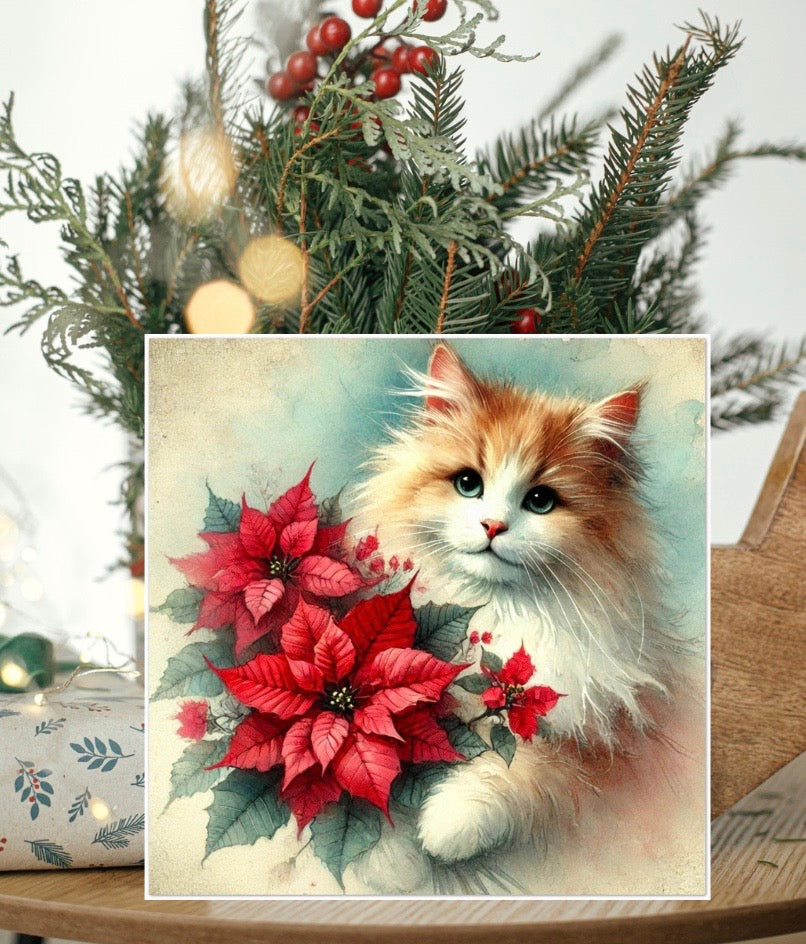 Poinsettia Bouquet - Cat Lover - Pack of 10 Blank Greeting Cards   