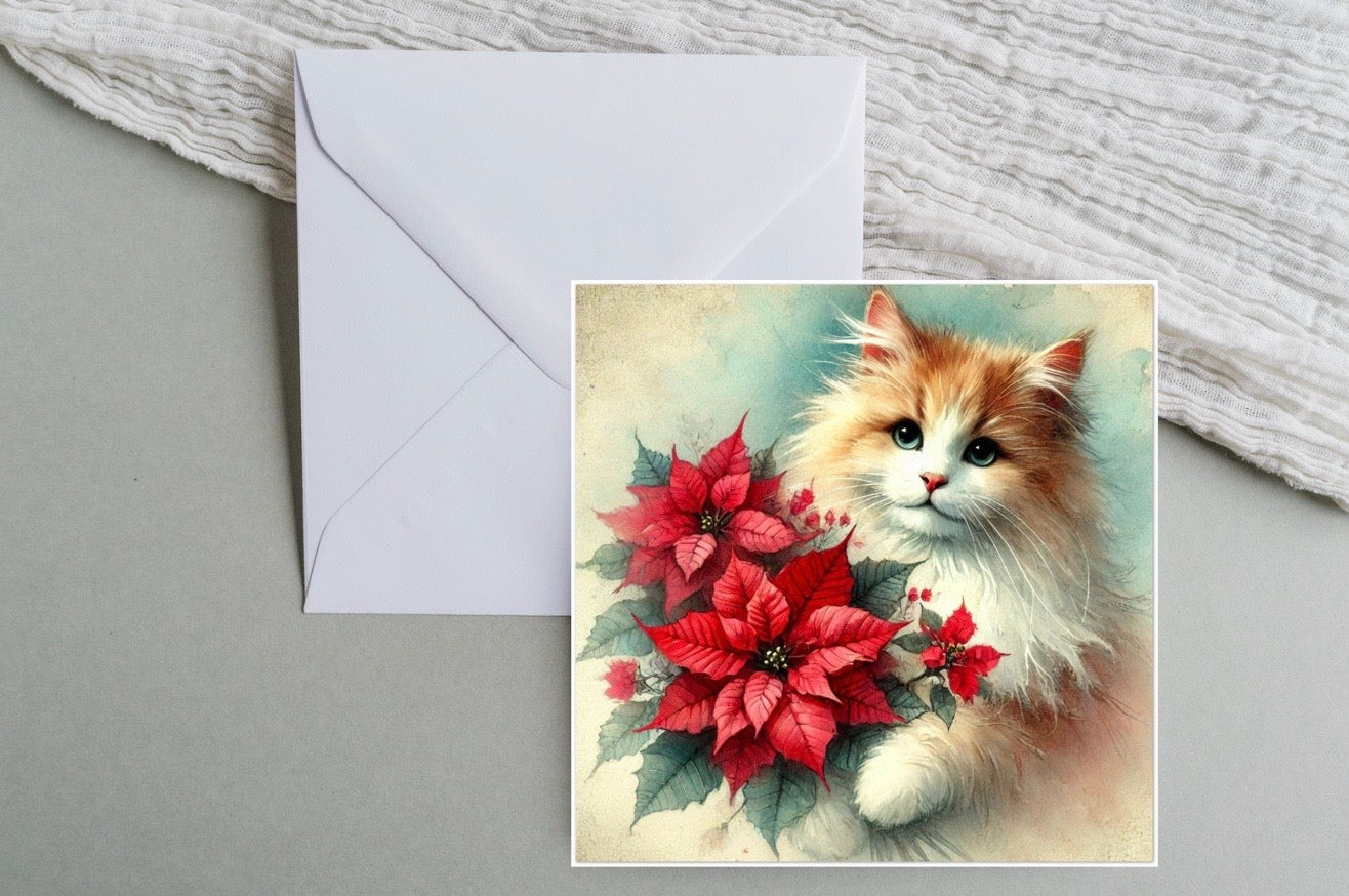 Poinsettia Bouquet - Cat Lover - Pack of 10 Blank Greeting Cards   