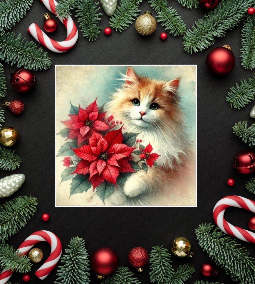 Poinsettia Bouquet - Cat Lover - Pack of 10 Blank Greeting Cards   