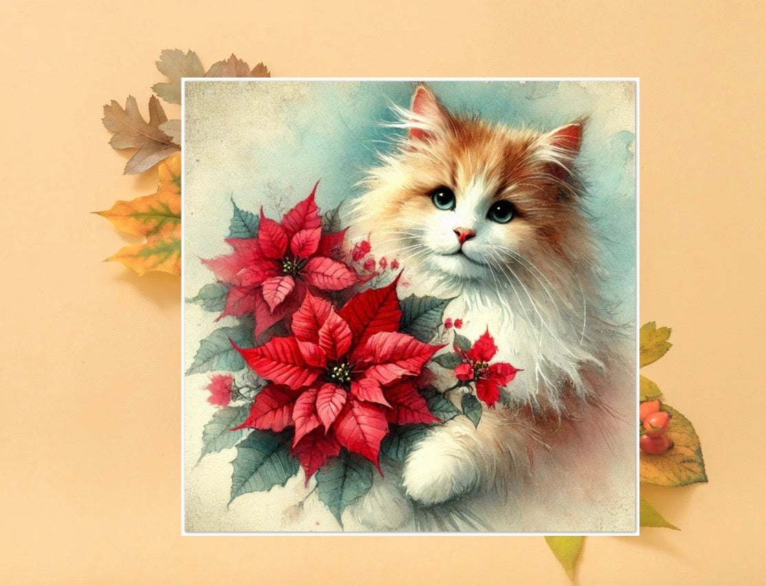 Poinsettia Bouquet - Cat Lover - Pack of 10 Blank Greeting Cards   