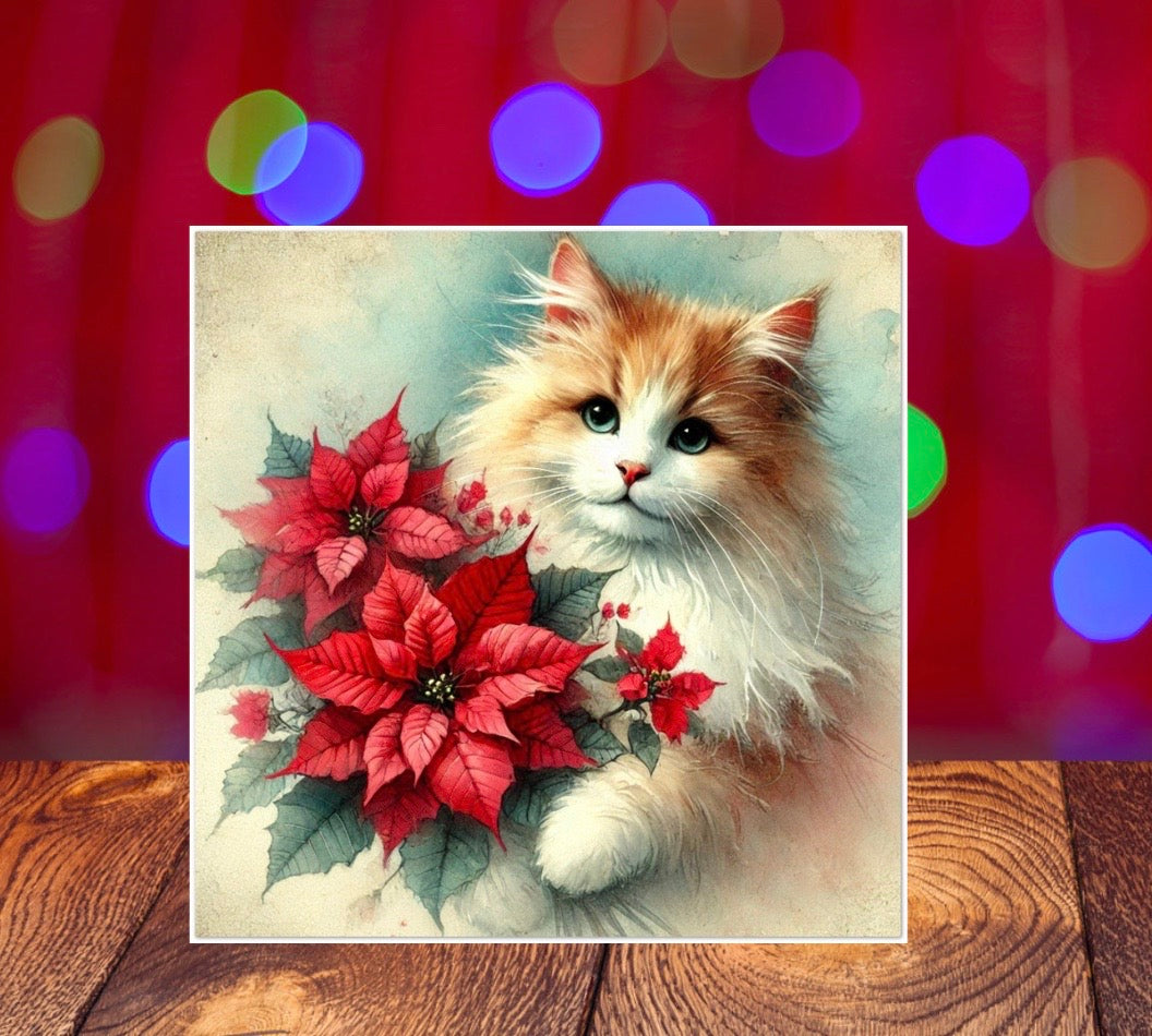 Poinsettia Bouquet - Cat Lover - Pack of 10 Blank Greeting Cards   