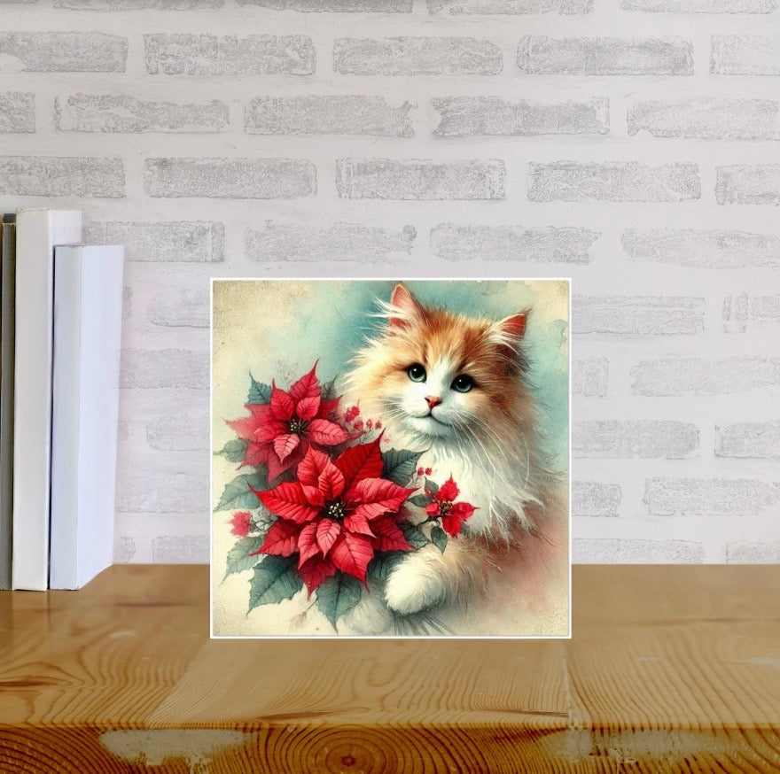 Poinsettia Bouquet - Cat Lover - Pack of 10 Blank Greeting Cards   