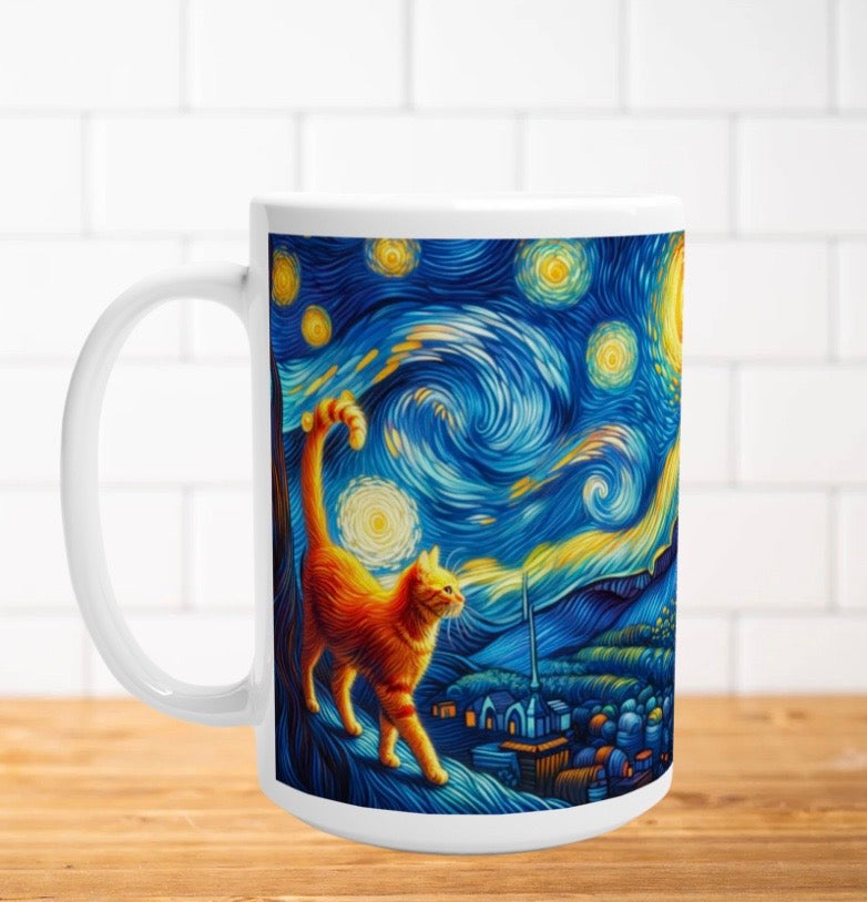 Starry Night - Orange Cat - White 15oz Ceramic Mug   