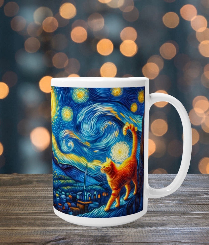 Starry Night - Orange Cat - White 15oz Ceramic Mug   