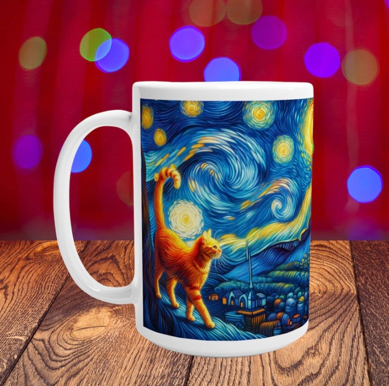 Starry Night - Orange Cat - White 15oz Ceramic Mug   