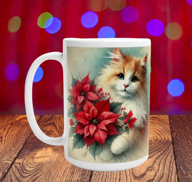 Poinsettia Bouquet - Cat Lover - White 15oz Ceramic Mug   