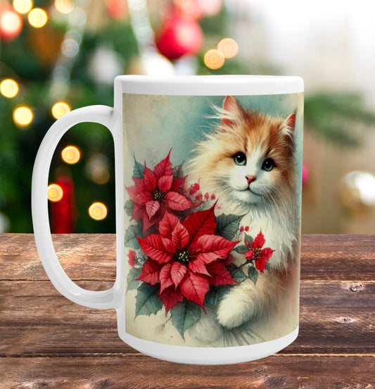 Poinsettia Bouquet - Cat Lover - White 15oz Ceramic Mug   