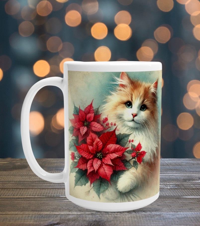 Poinsettia Bouquet - Cat Lover - White 15oz Ceramic Mug   