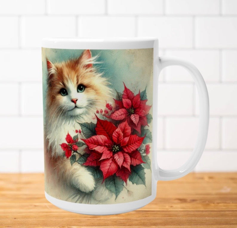 Poinsettia Bouquet - Cat Lover - White 15oz Ceramic Mug   