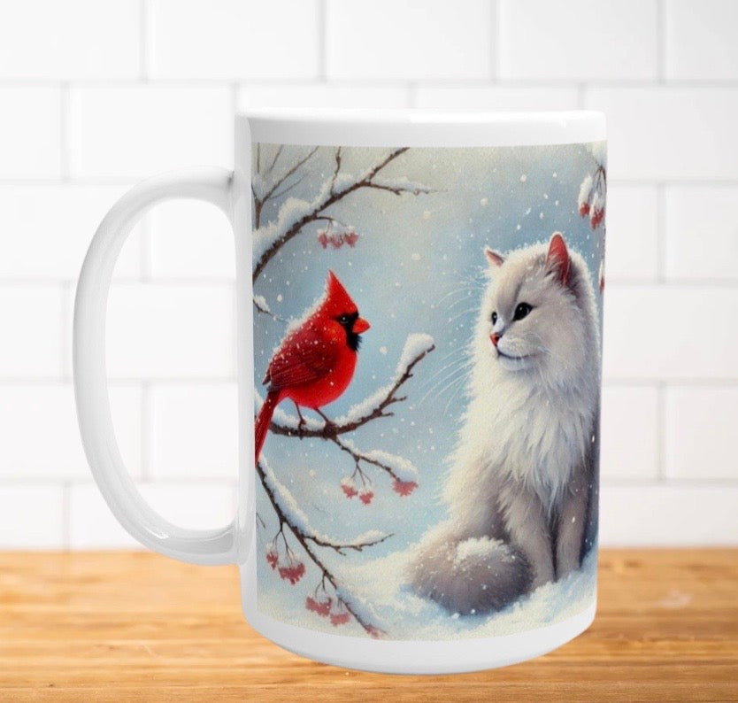 Winter Cardinal - Cat Lover - White 15oz Ceramic Mug   