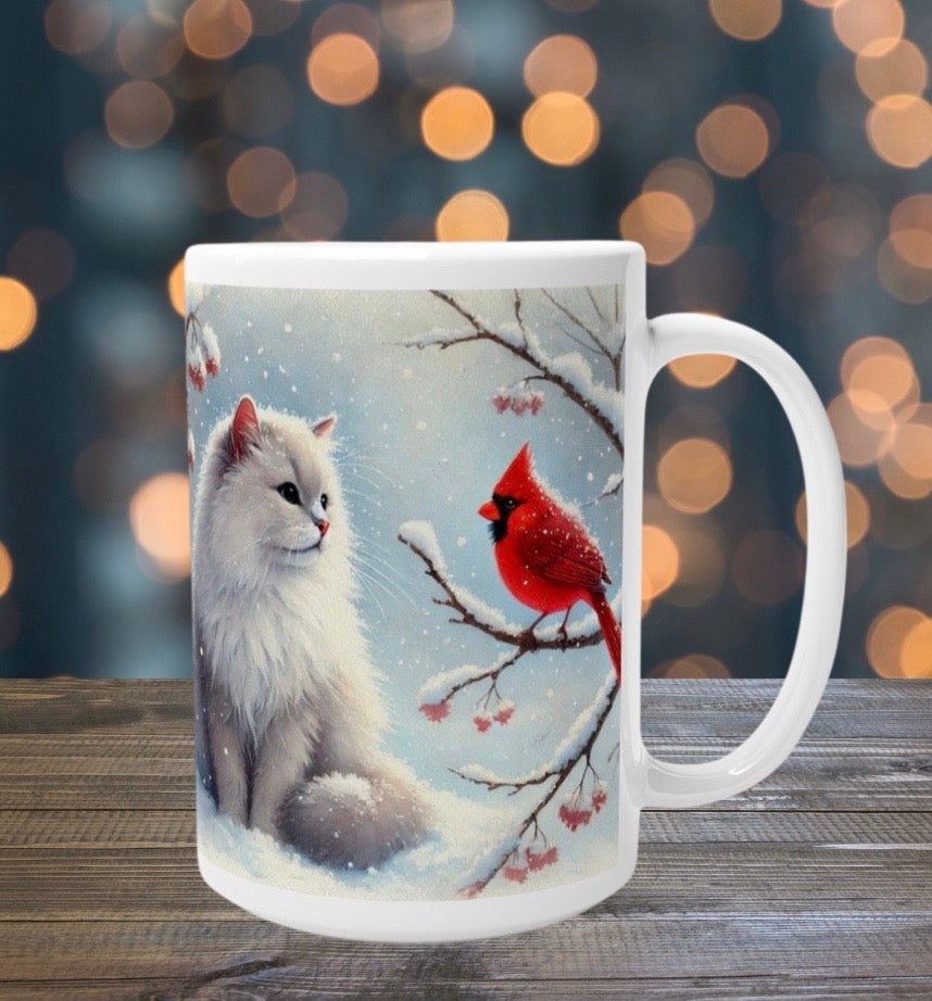 Winter Cardinal - Cat Lover - White 15oz Ceramic Mug   