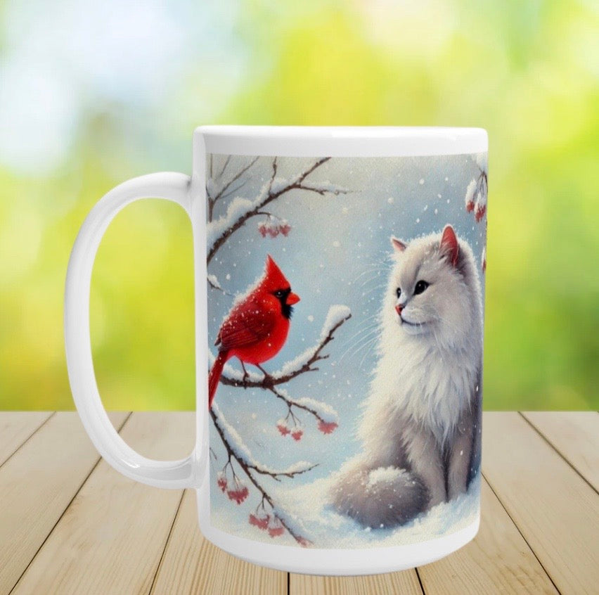 Winter Cardinal - Cat Lover - White 15oz Ceramic Mug   