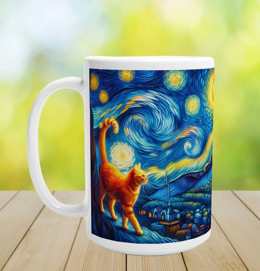 Starry Night - Orange Cat - White 15oz Ceramic Mug   