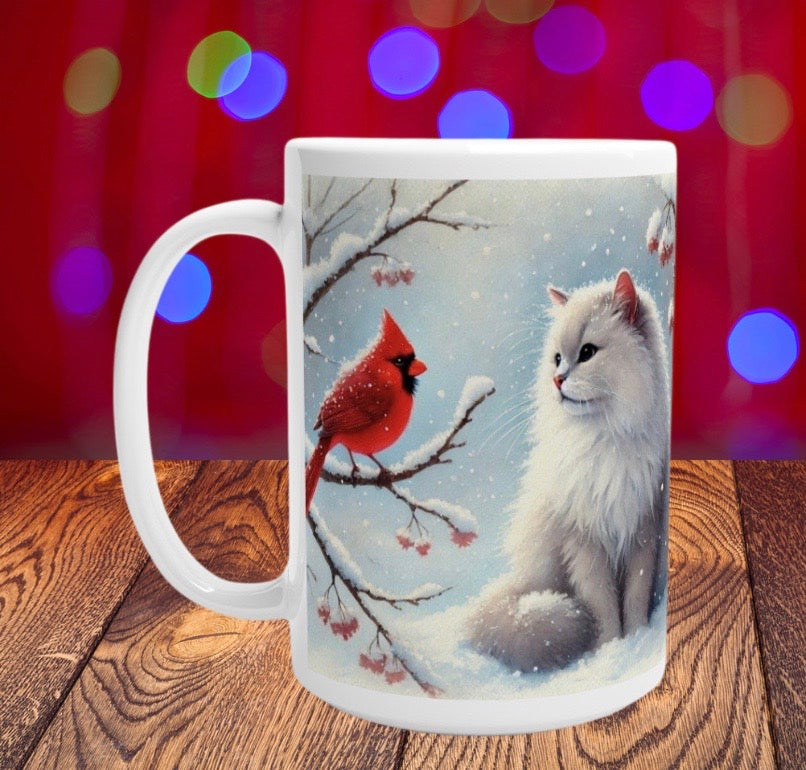 Winter Cardinal - Cat Lover - White 15oz Ceramic Mug   