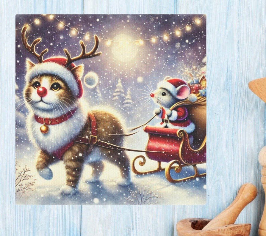 Cat Rudolph - Santa Mouse  - Cat Lover - Holiday Decor - Wall Art Decor 8x8   