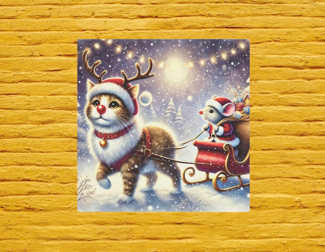 Cat Rudolph - Santa Mouse  - Cat Lover - Holiday Decor - Wall Art Decor 8x8   