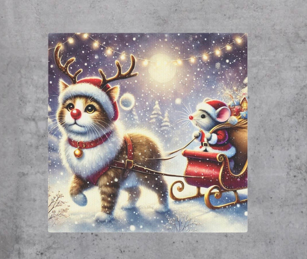 Cat Rudolph - Santa Mouse  - Cat Lover - Holiday Decor - Wall Art Decor 8x8   