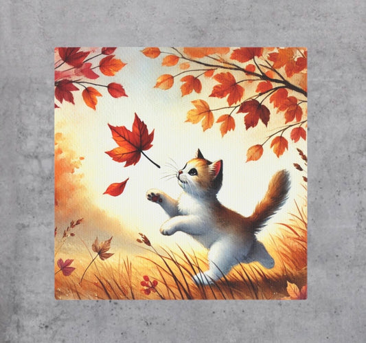 Kitten Leaf Chaser - Fall decor - Wall Art Decor 8x8   