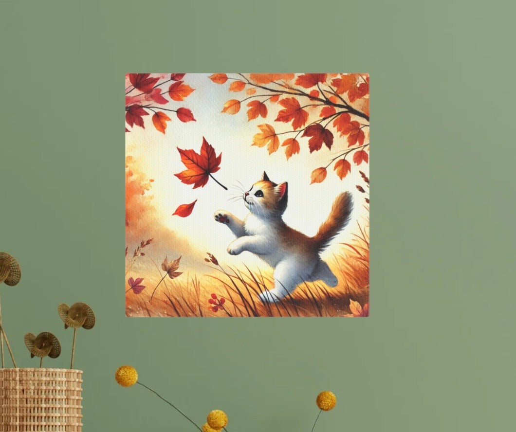 Kitten Leaf Chaser - Fall decor - Wall Art Decor 8x8   