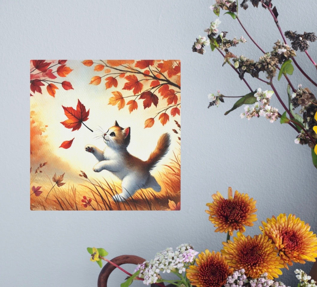 Kitten Leaf Chaser - Fall decor - Wall Art Decor 8x8   