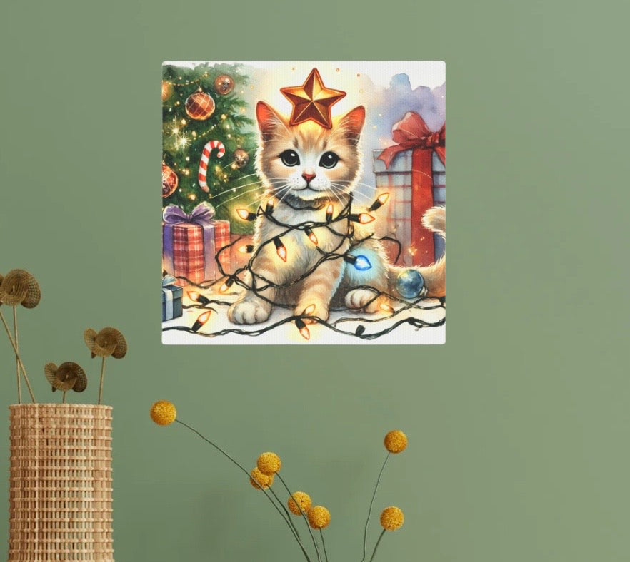 Kitten Christmas Star  - Cat Lover - Holiday Decor - Wall Art Decor 8x8   