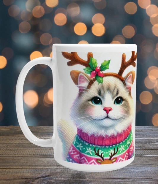 Cat Reindeer - Christmas - 15oz Ceramic Mug   