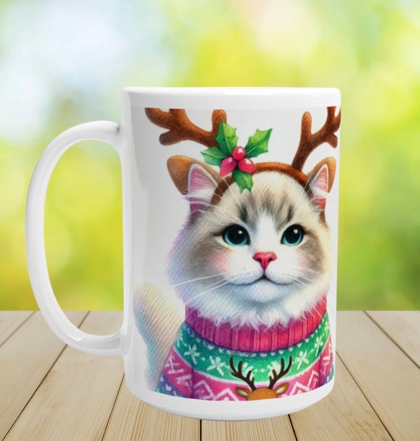 Cat Reindeer - Christmas - 15oz Ceramic Mug   