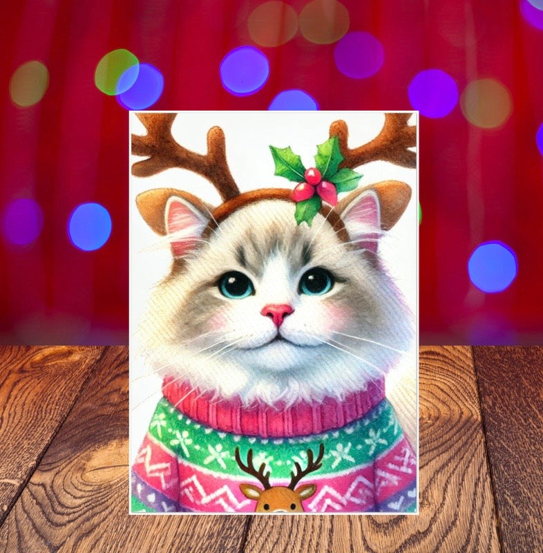 Cat Reindeer - Christmas Sweater - Pack of 10 Blank Greeting Cards 5x7   