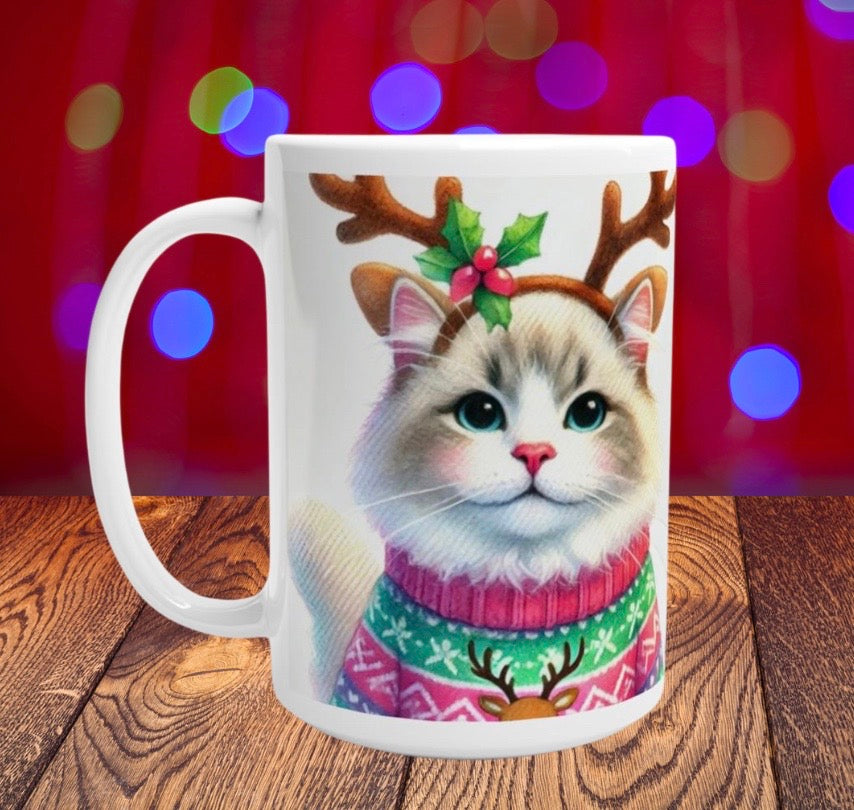 Cat Reindeer - Christmas - 15oz Ceramic Mug   