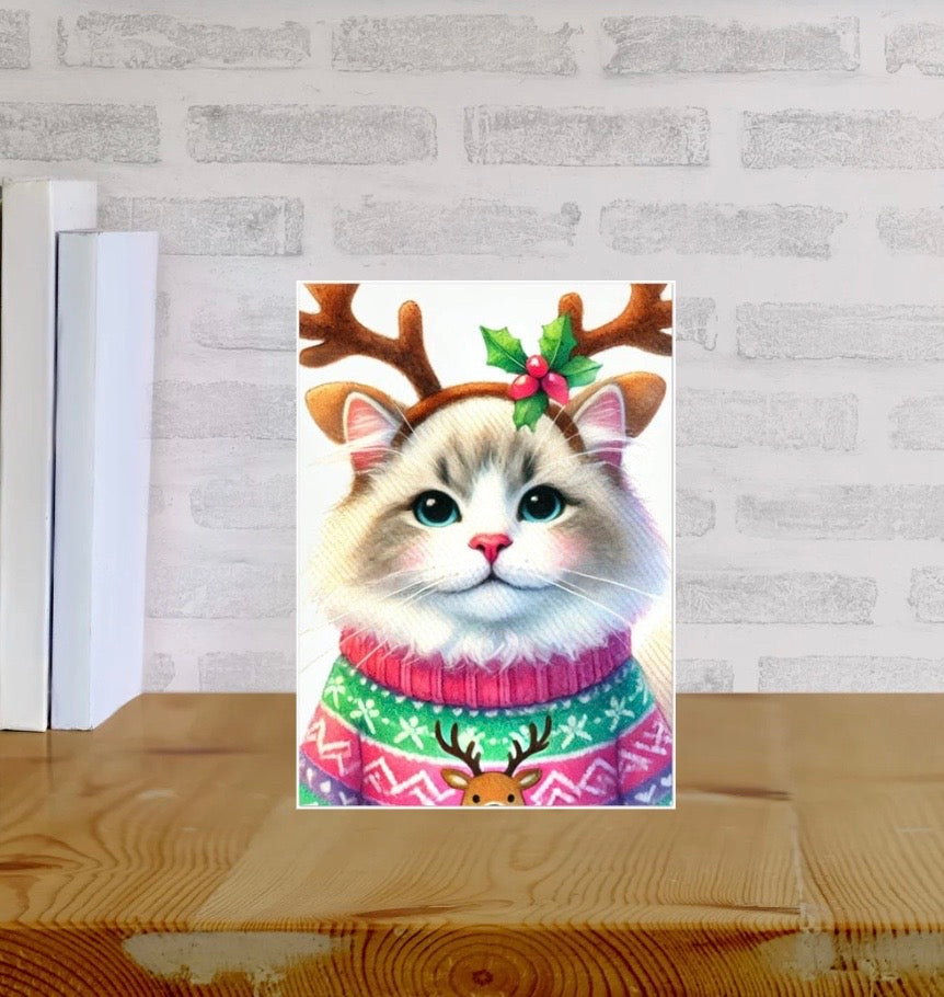 Cat Reindeer - Christmas Sweater - Pack of 10 Blank Greeting Cards 5x7   