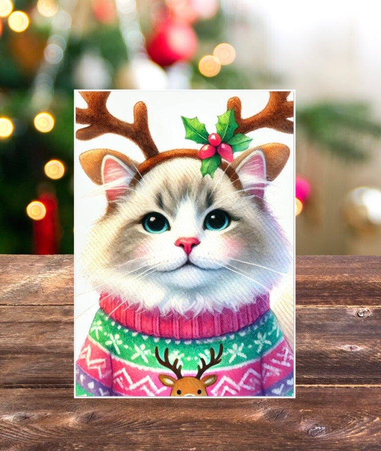 Cat Reindeer - Christmas Sweater - Pack of 10 Blank Greeting Cards 5x7   