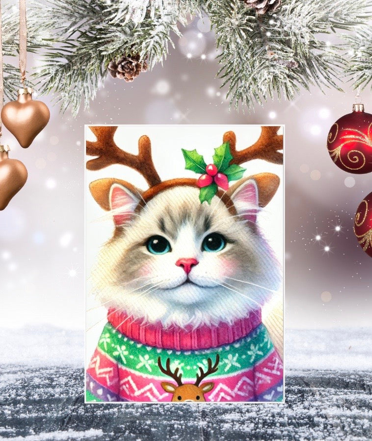 Cat Reindeer - Christmas Sweater - Pack of 10 Blank Greeting Cards 5x7   