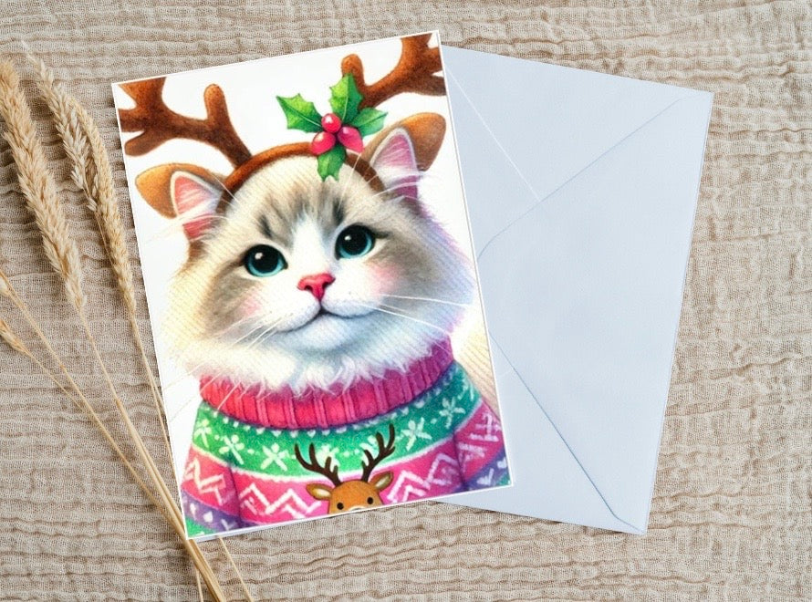 Cat Reindeer - Christmas Sweater - Pack of 10 Blank Greeting Cards 5x7   