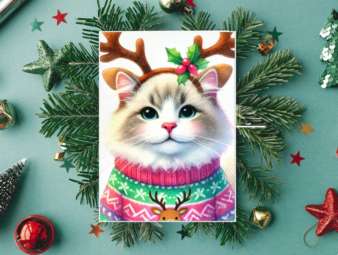 Cat Reindeer - Christmas Sweater - Pack of 10 Blank Greeting Cards 5x7   